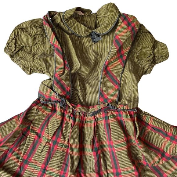 VTG 70s 80s Chic Tots Girls 5/6? Dress Pinafore Plaid Stripe Circle - Picture 7 of 10